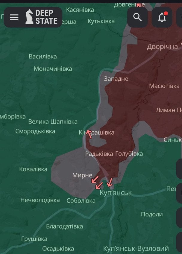 Мапа Deep State із просуванням росіян у районі Куп’янська / © Deepstatemap