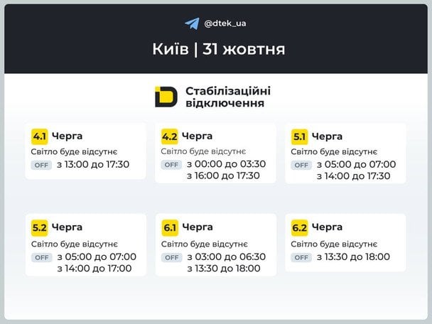 Графік відключень на 31 жовтня у Києві / © ДТЕК