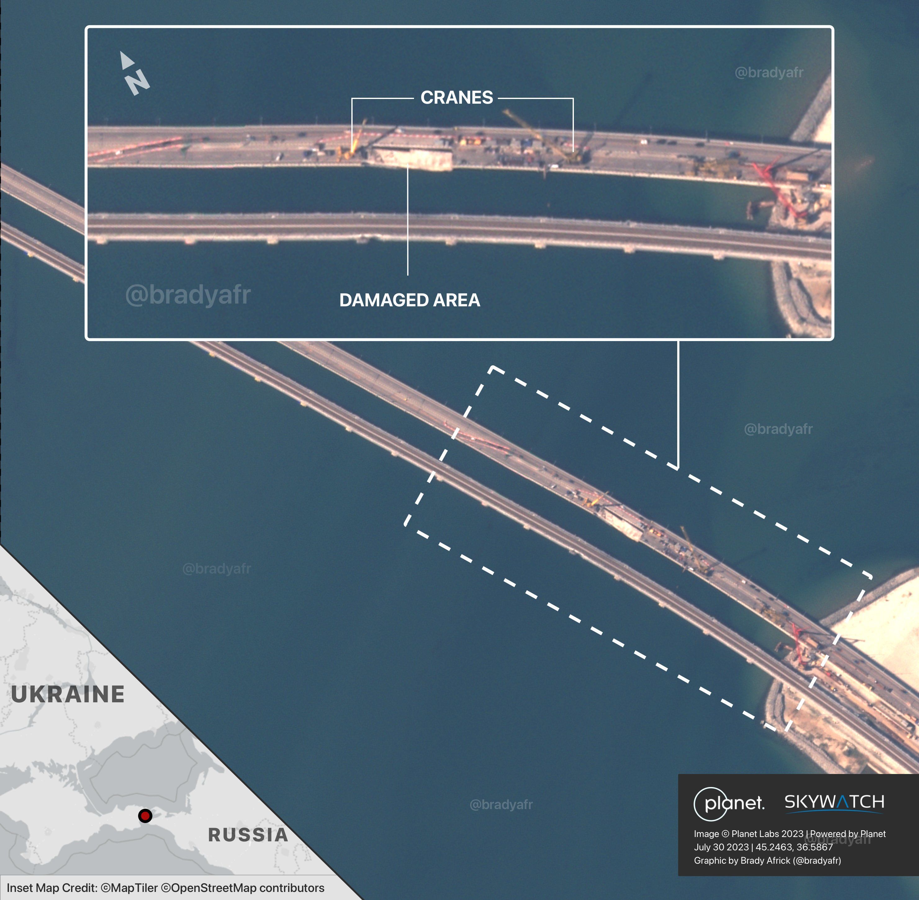 Супутникове фото Кримського мосту / Фото: twitter.com/bradyafr / ©