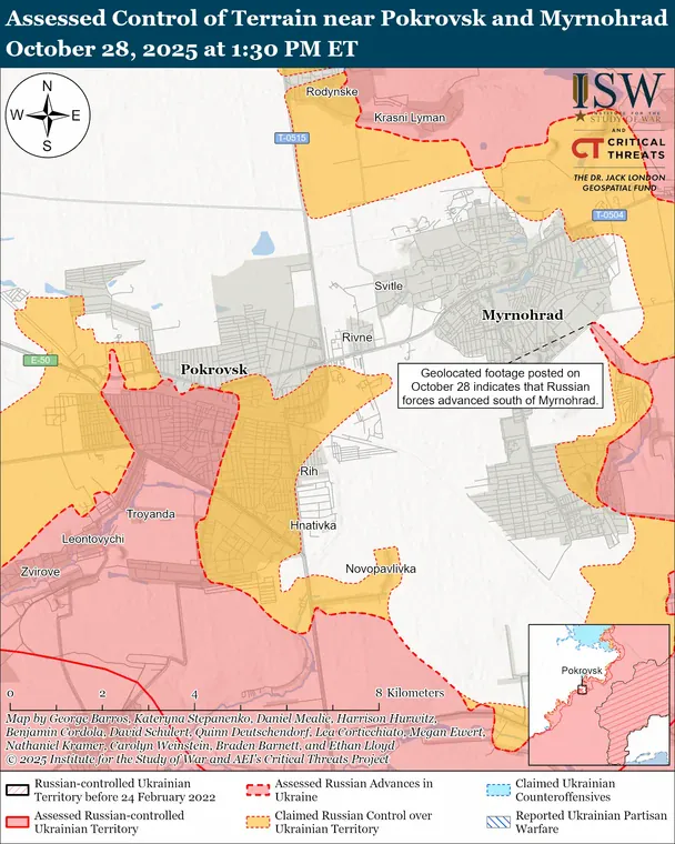 Мапа бойових дій у районі Покровська і Мирнограда / © Інститут вивчення війни (ISW)