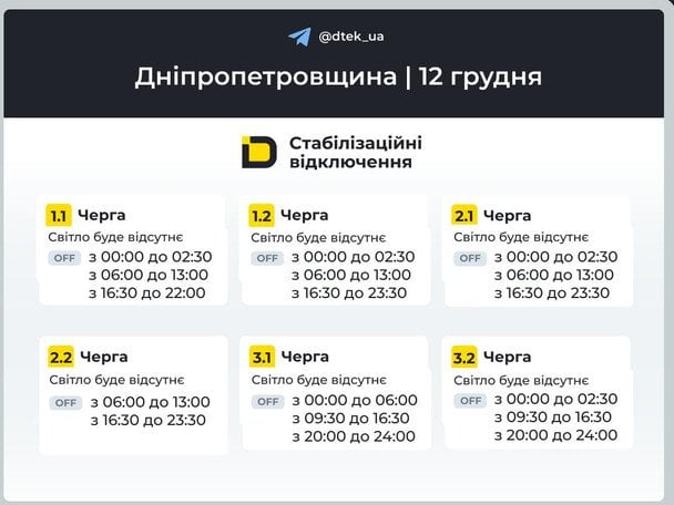 Графік відключення світла на Дніпропетровщині 12 грудня / © ДТЕК