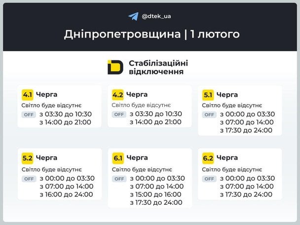 График отключения света на Днепропетровщине 1 февраля / © ДТЕК