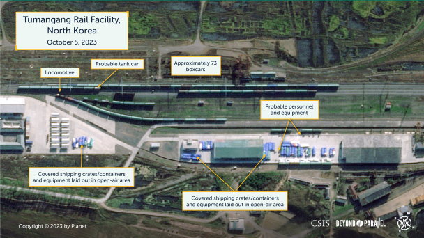 Вагони на кордоні КНДР та РФ / Фото: beyondparallel.csis.org