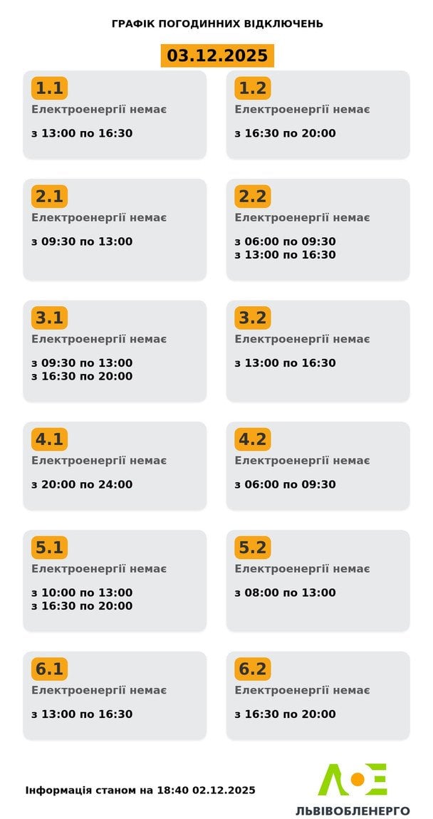 Графік відключення світла на Львівщині 3 грудня
