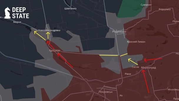 Ситуація в районі Мирнограда та Покровська 15 квітня 2026 року / © t.me/DeepStateUA