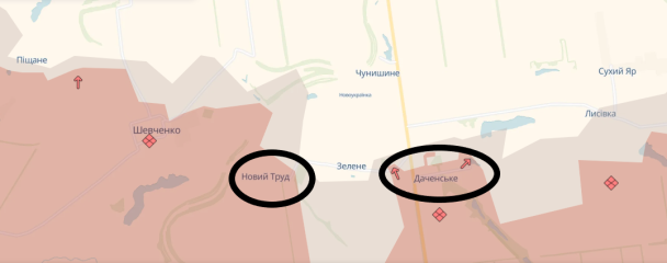 Окупація Даченського і Нового Труда на Донеччині. Мапа DeepState. / © 