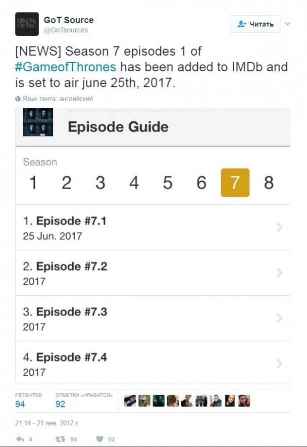 Судя по информации IMDb, первая серия седьмого сезона выйдет 25-го июня / © twitter.com/GoTsources