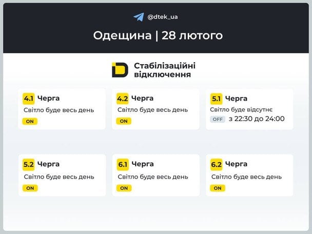 График отключения света на Одещине 28 февраля / © ДТЕК