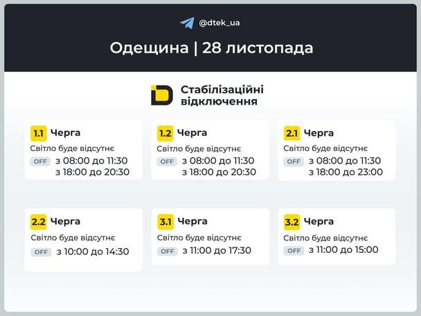 Графік відключення світла на Одещині 28 листопада / © ДТЕК