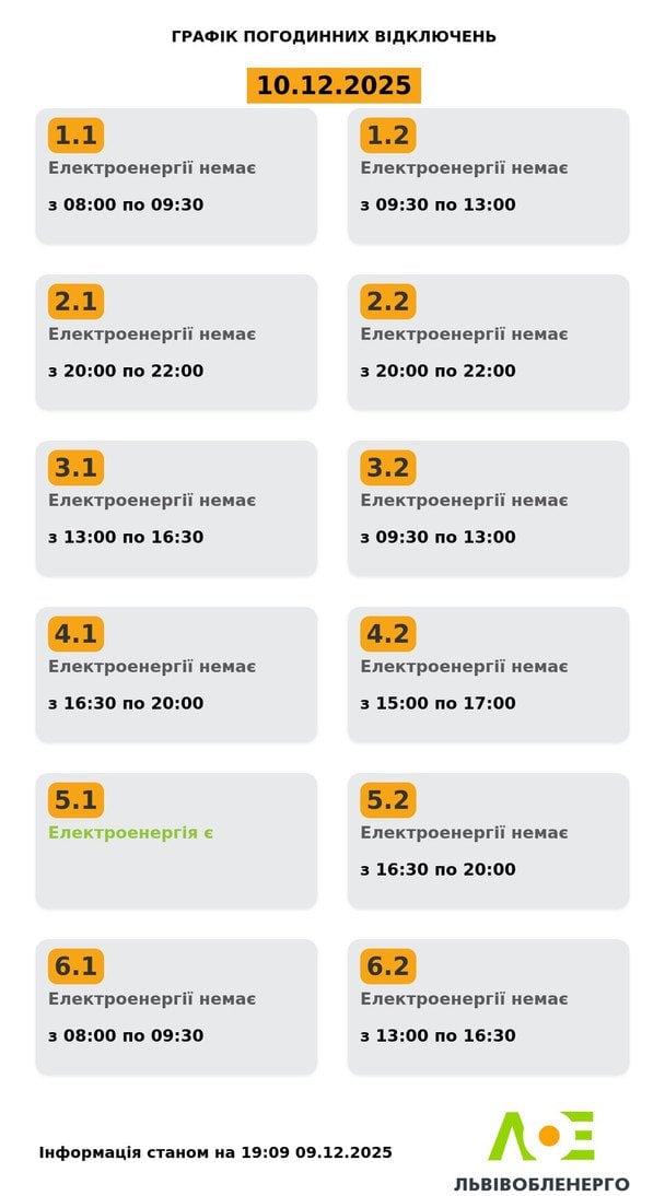 График отключения света на Львовщине 10 декабря