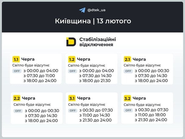 Графік відключення світла на Київщині 13 лютого / © ДТЕК