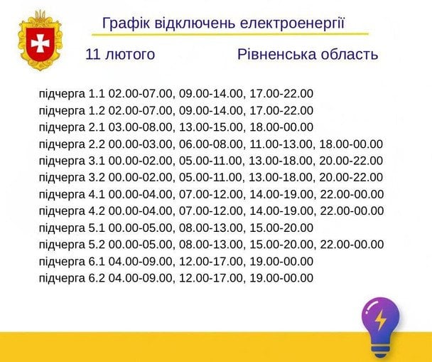 График отключения света на Ровенщине 11 февраля