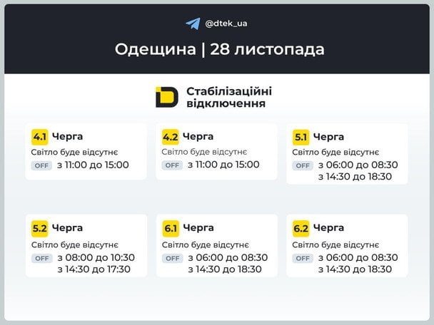 Графік відключення світла на Одещині 28 листопада / © ДТЕК
