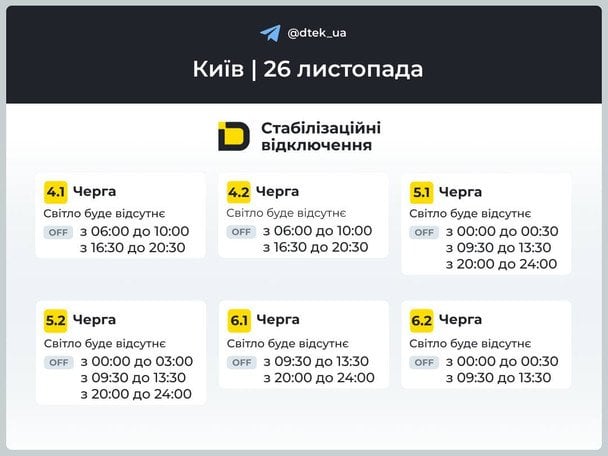 Графік відключення світла в Києві 26 листопада / © ДТЕК
