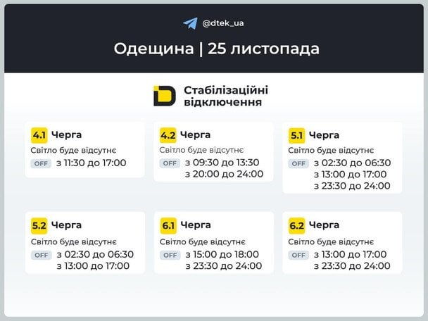 Оновлені графіки відключення світла на Одещині на 25 листопада. / © ДТЕК