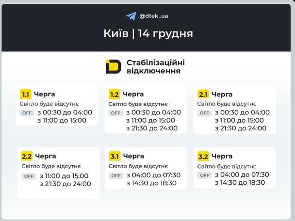 Графік відключення світла у столиці 14 грудня / © ДТЕК