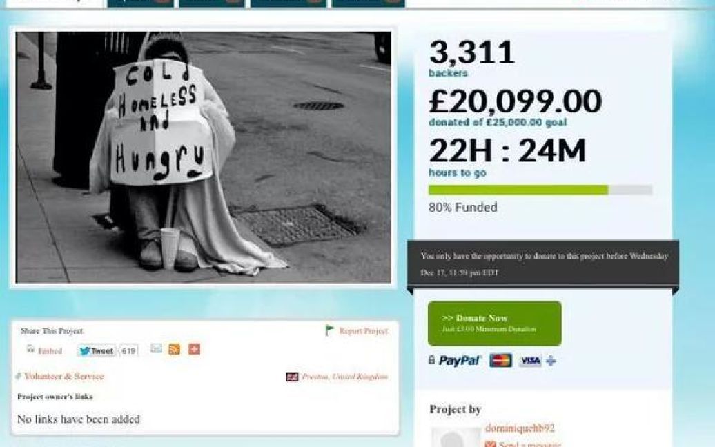 В Facebook девушка создала группу для сбора средств для бездомного и сейчас уже собрано более 20 тысяч фунтов стерлингов / © buzzfeed.com