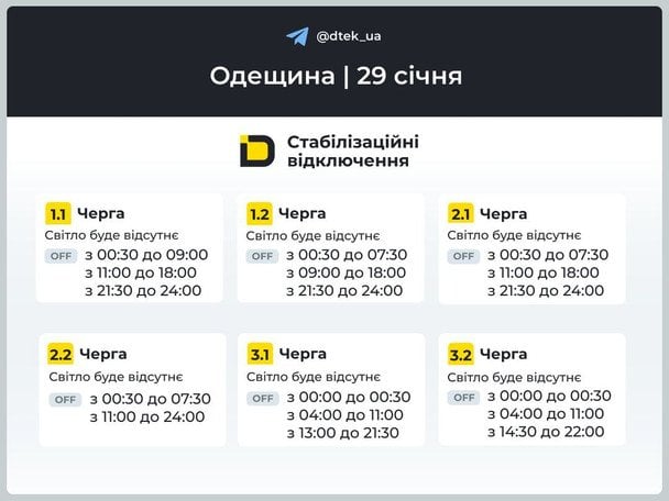 График отключения света на Одещине 29 января / © ДТЕК