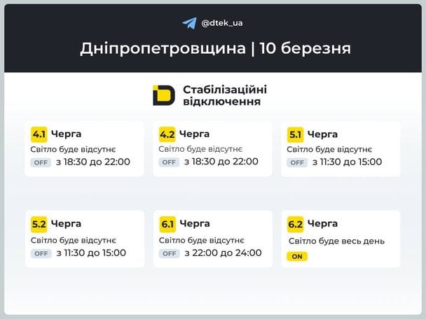 График отключения света в Днепропетровской области