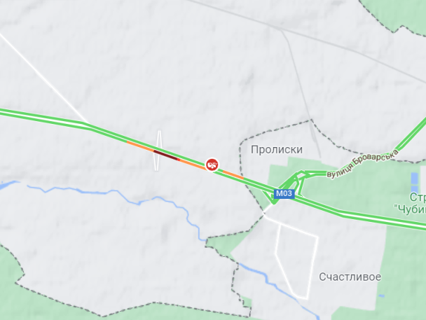 Из-за ДТП затруднено движение на трассе в направлении Борисполя / © Google Maps