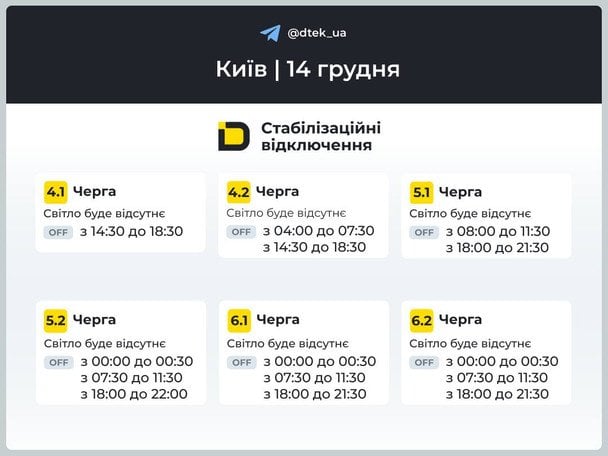 Графік відключення світла у столиці 14 грудня / © ДТЕК