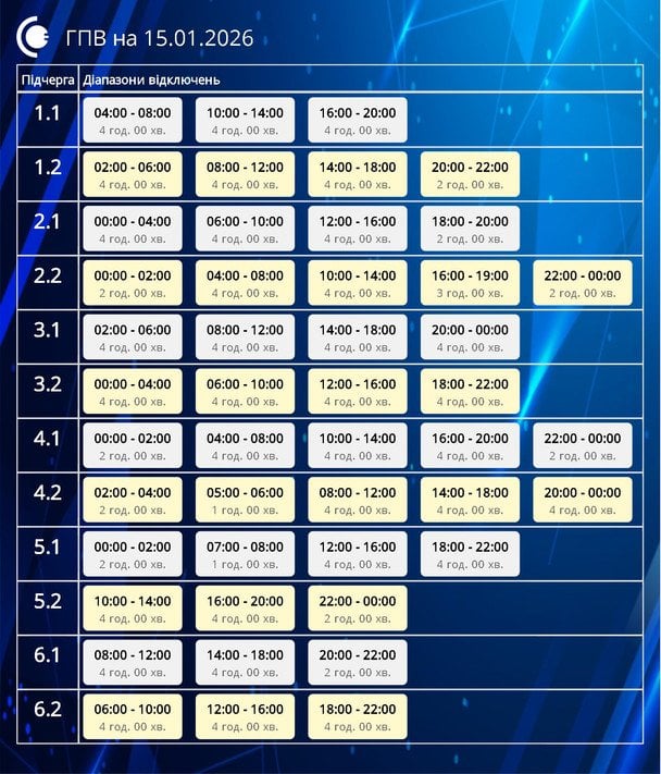 Графік відключення світла на Сумщині 15 січня