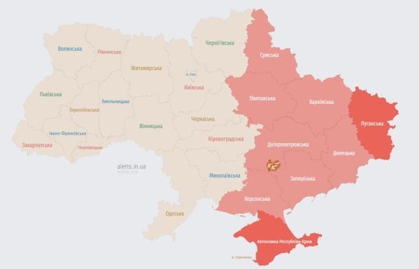 Мапа повітряних тривог станом на 10:15 середи, 21 лютого.