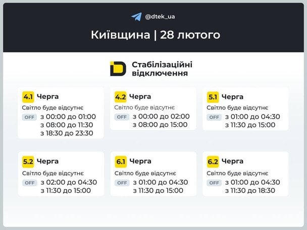 График отключения света на Киевщине 28 февраля / © ДТЕК