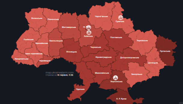 Карта тривог станом на 16 червня: "червона" вся країна.