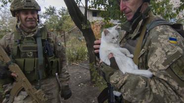 Украинский военнослужащий держит на руках кота в зоне проведения АТО в Донецкой области. / © УНИАН