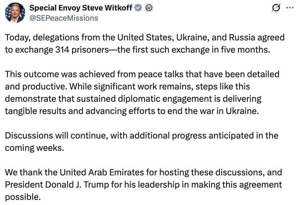 Допис Стіва Віткоффа в Х.  / © Фото із соціальних мереж