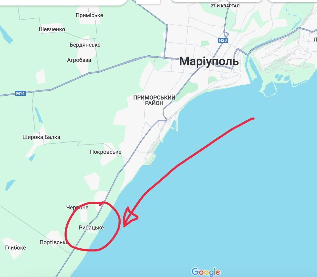 Село Рибацьке на мапі, де міг впасти збитий літак / © 