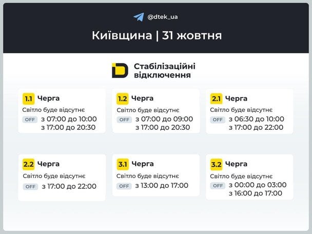 Графік відключення на Київщині на 31 жовтня. / © ДТЕК
