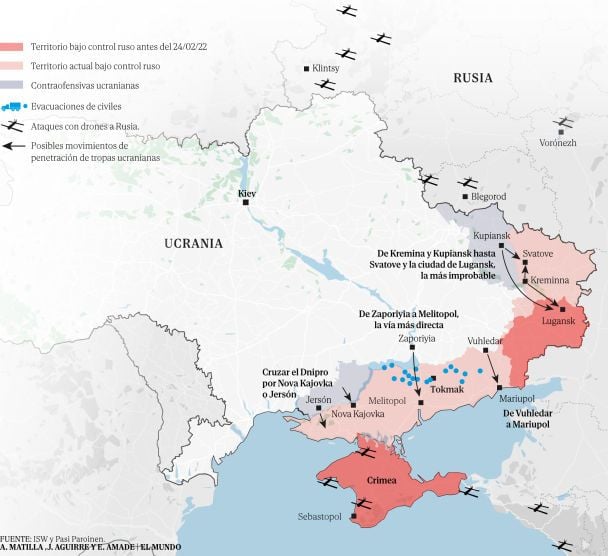 Опублікована виданням El Mundo карта ймовірного контрнаступу ЗСУ. Фото: El Mundo.