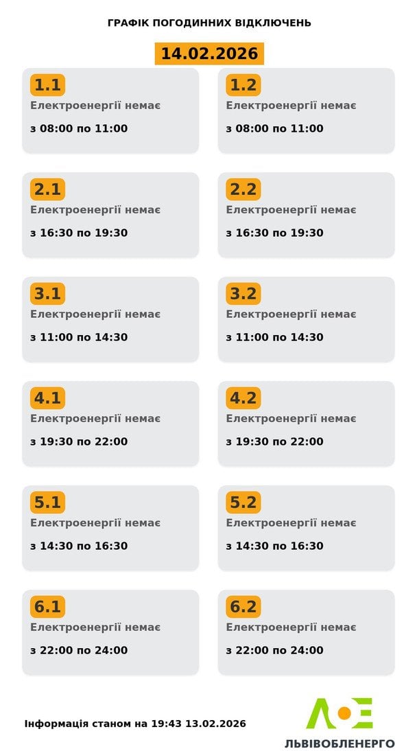 График отключения света на Львовщине 14 февраля