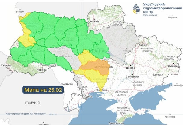 Попередження про небезпечні гідрологічні явища / Мапа на 25 лютого / © Укргідрометцентр