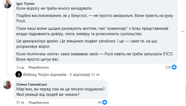Коментарі під дописом Мар’яни Безуглої