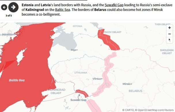 Confini terrestri dell'Estonia e della Lettonia con la Russia, corridoio di Suval e confini con la Bielorussia / © newsweek.com