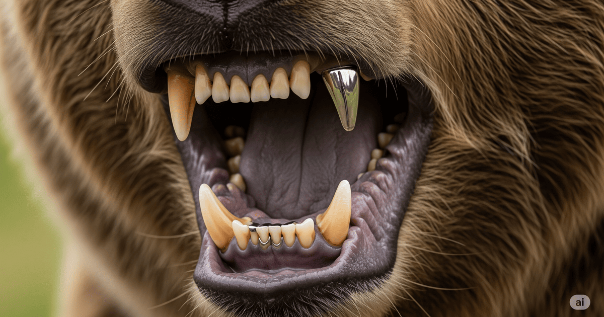 Ведмедь з титановою стоматологічною коронкою