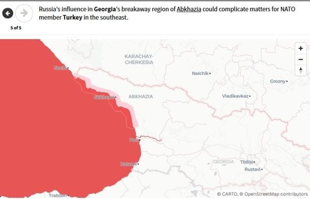 L'influenza della Russia nella regione separatista dell'Abkhazia in Georgia potrebbe complicare la situazione per la Turchia, membro della NATO, nel sud-est. / © newsweek.com