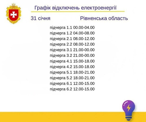 График отключения света на Ровенщине 31 января