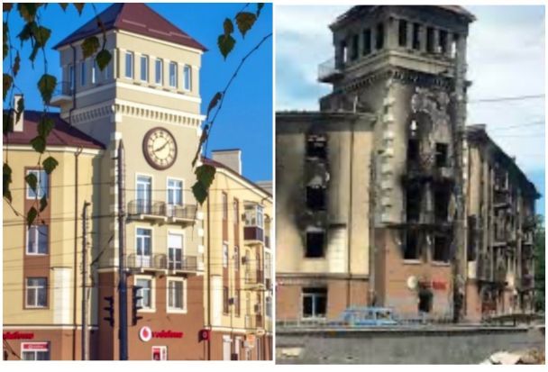 Будинок з годинником у Маріуполі до і після знищення / Колаж: ТСН.ua / © 