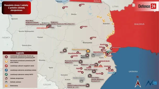 Мапа падіння російських дронів і ракет у Польщі / © Defence24