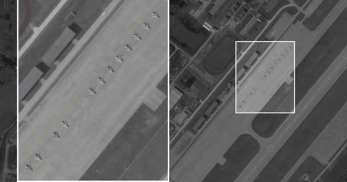 Супутниковий знімок із переобладнаними у дрони китайськими винищувачами J-6 поруч зі злітно-посадковою смугою авіабази Лонгтянь