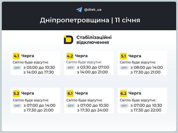 Графік відключення світла на Дніпропетровщині 11 січня / © ДТЕК