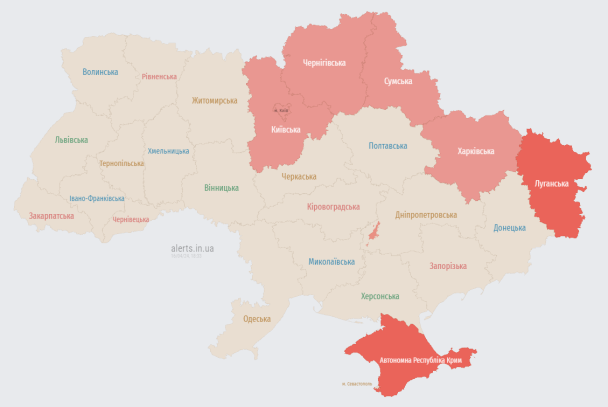 Мапа повітряних тривог 16 квітня станом на 18:30 / © alerts.in.ua