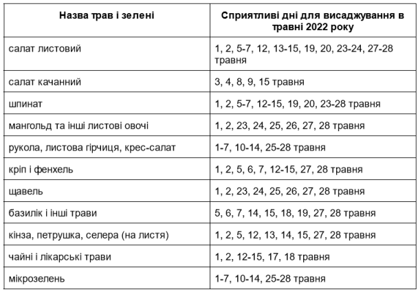 Посівний календар на травень 2022 року: зелень і трави