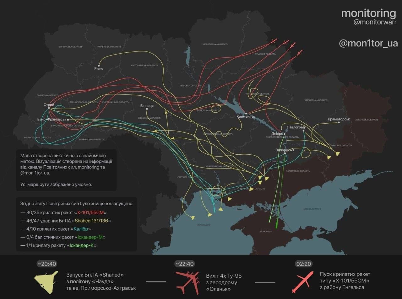 Приблизний маршрут російських ракет та дронів під час атаки вночі 1 червня. / © 