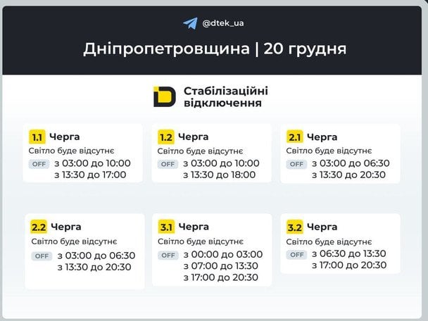 Графік відключення світла на Дніпропетровщині 20 грудня / © ДТЕК