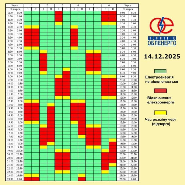 Графік відключення світла на Чернігівщині 14 грудня